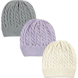 Hudson Baby Cozy Knit Hat 3Pk in Lilac Cream at Nordstrom