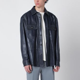Loewe Oversized navy blue shirt in leather and cotton