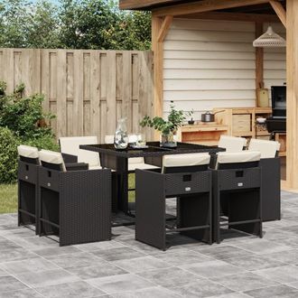 vidaXL Set De Comedor De Jard&iacute;n 9 Pzas Y Cojines Rat&aacute;n Sint&eacute;tico Negro Vidaxl