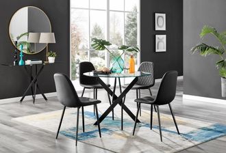 Furniturebox Novara 4 Seater Black Leg Round Glass Dining Table & 4 Corona Faux Leather Black Leg Chairs
