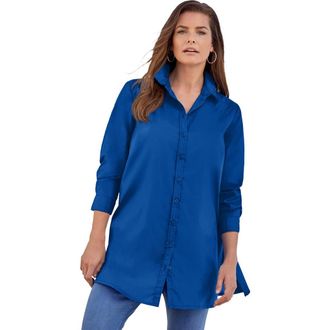 Roaman's Kate Long-Sleeve Crisp Cotton-Blend Button-Front Tunic in Dark Sapphire at Nordstrom, Size 30