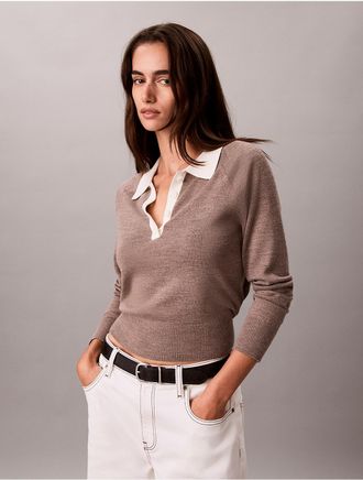 Calvin Klein Womens Extra Fine Merino Blend Polo Sweater - Brown - XL