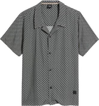 BOSS Geo Print Camp Shirt in Open Grey at Nordstrom, Size Xx-Large
