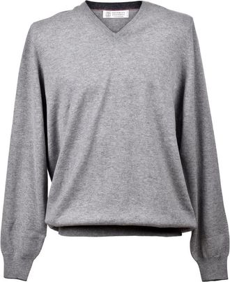 Brunello Cucinelli Gray Cashmere V-Neck Pullover Sweater, Brand Size 60 (US Size 50)