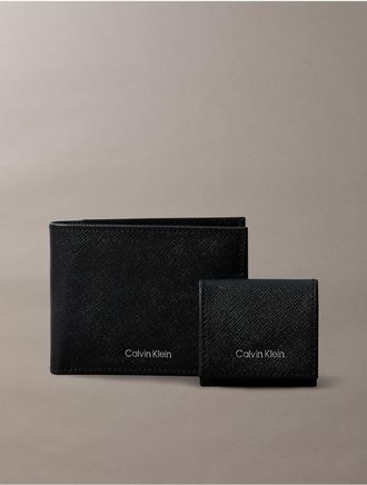 Calvin Klein Mens Refined Saffiano Leather Bifold Wallet + Airpods Case Gift Set - Black