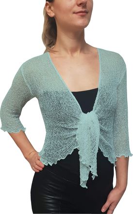 Mimosa Ladies Crochet Shrug Bolero Glitter or Plain Super Stretchy Lace Fish Net Tie at Waist Bolero Open Cardigan Fits UK 6-28 Ice Blue