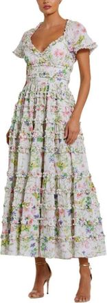 Mac Duggal Cap Sleeve V Neck Open Back Floral Cotton Dress in White Multi at Nordstrom, Size 18