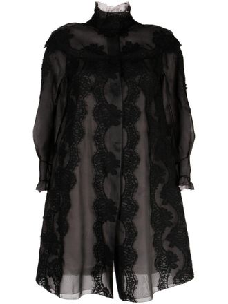 Shiatzy Chen lace organza single-breasted coat - women - Mulberry Silk - 40 - Black