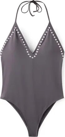 Mango Studded Halter One-Piece Swimsuit in Grey at Nordstrom, Size Medium