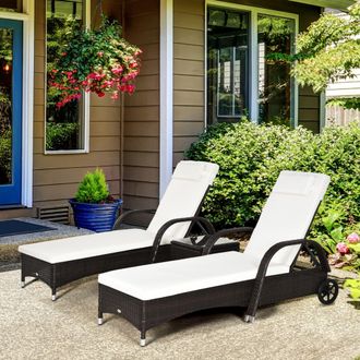 OUTSUNNY 3 PCS Rattan Lounger Recliner Bed Garden Furniture Set Side Table in Brown
