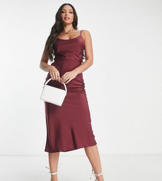 Asos Tall ASOS DESIGN Tall scoop neck satin midi slip dress with tie waist detail in berry-Red