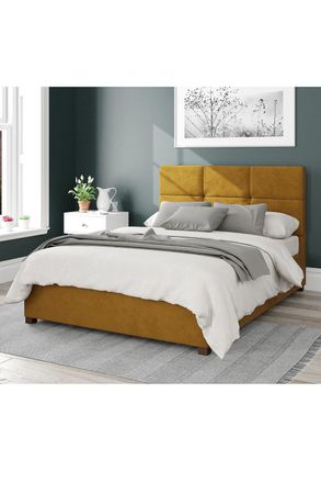 Aspire Home Accents Caine Upholstered Ottoman Storage Bed, Plush Velvet Fabric in Mustard | Size: Super King