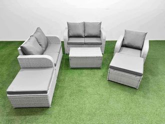 Fimous High Back Poly Rattan Garden Furniture Set w/ Reclining Chair Loveseat Sofa Rectangular Coffee Table Indoor Outdoor Patio Set 2 Big Stool