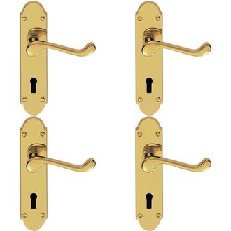 Loops 4x PAIR Victorian Upturned Handle on Lock Backplate 170 x 42mm Polished Brass in Metallics