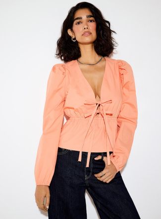 Icone Womens Poplin tie-waist plunging V-neck blouse