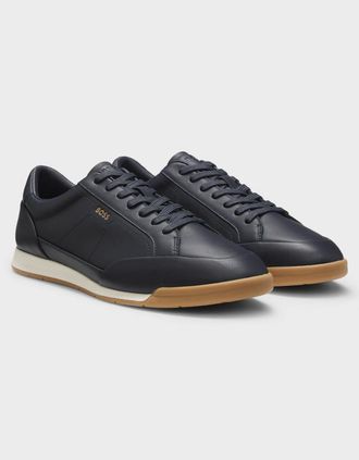 HUGO BOSS Mens BOSS Orange Nitan Mens Leather Trainers with Foil Logo - Dark Blue 402 - Navy - Size: 10