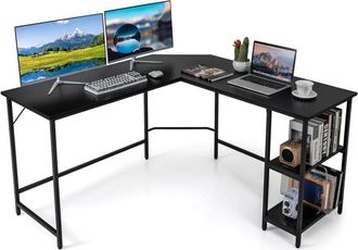 Costway Costway - Scrivania Angolare 138 cm, Scrivania ad Angolo con 2 Prese, 2 Porte usb, Telaio in Acciaio al Carbonio e Ripiano a 2 Livelli Rimovibile