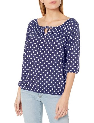 Star Vixen womens7916-IT3/4 Sleeve Peasant Top with Keyhole Tie and Elastic Bottom Hem 3/4_Sleeve T-Shirt - Multi - Small