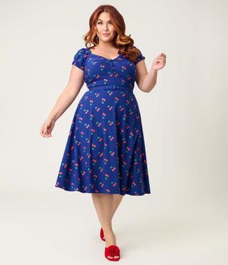 Unique Vintage Plus Size Ohara Swing Dress in Navy W/cherries at Nordstrom, Size 3X