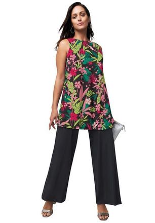 Jessica London Stretch Knit Tunic Tank in Black Multi Tropical at Nordstrom, Size 28