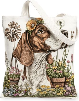 Generic Spring Coonhound Dog Canvas Tote Bag for Shopping 13x15, Farmhouse Country Puppy Reusable Grocery Print Bag for Women, Farm Pet Beach Aesthetic Painti