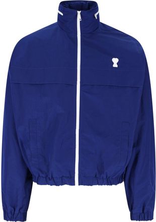Ami Blue Detachable-Hood Logo Embroidery Cotton-Blend Jacket