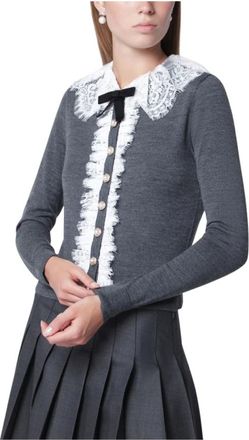 Self Portrait Truien & Vesten, Dames, Grijs, L, Wol, Gebreide Cardigan met kanten kraag