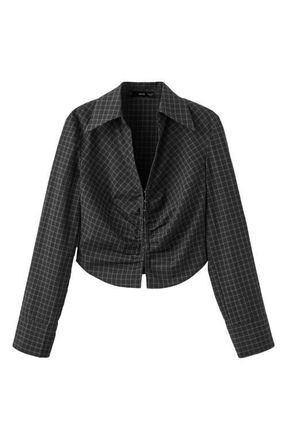 Mango Check Gathered Crop Cotton Top in Grey at Nordstrom, Size 6