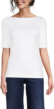 Lands End Supima Cotton Elbow Sleeve Boatneck Button Shoulder Tee in White at Nordstrom, Size X-Small P