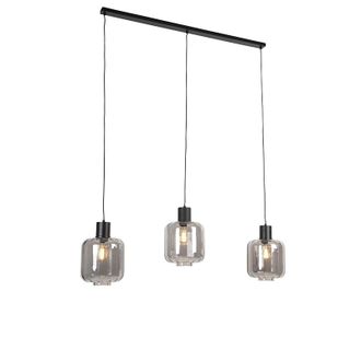 QAZQA Dise&ntilde;o L&aacute;mpara Colgante De Dise&ntilde;o Negra Con Cristal Ahumado 3 Luces 161,5 Cm - Qara Aluminio /vidrio /acero Alargada Adecuado Para Led Max. 3 X 60 Wat