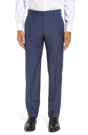 Zanella Parker Flat Front Sharkskin Wool Trousers in Blue at Nordstrom, Size 38