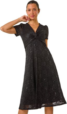 Roman Womens Sequin Lace Twist Front Midi Dress - Black - Size 10 UK