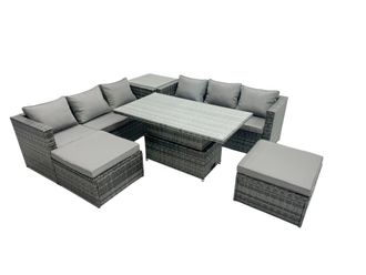 Fimous Rattan Dining Table Sofa Set with Side Table 2 Stools Outdoor 8 Seat in Dark Grey