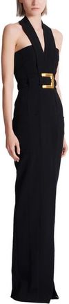 Balmain Long crepe dress with belt in Black at Nordstrom, Size 40 Eu