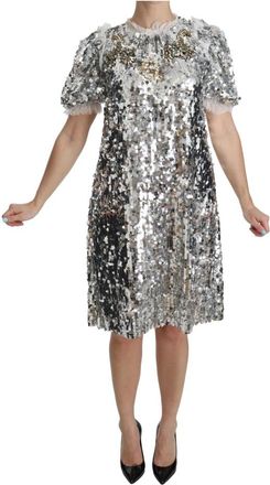 Dolce & Gabbana Zilveren Pailletten Kristal Shift Jurk - Dames - Casual kleedjes - Grijs - S - Pailletten - Kleedjes