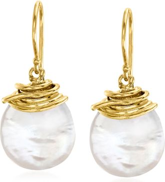 Ross-Simons 12-13mm Cultured Coin Pearl Drop Earrings in 18kt Gold Over Sterling