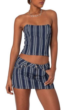 Edikted Inex Stripe Denim Crop Corset Top in Denim Mix at Nordstrom, Size X-Small