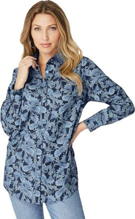 Roaman's Plus Size Kate Long Sleeve Easy Cotton-Blend Button-Front Shirt in Navy Lavish Paisley at Nordstrom, Size 14