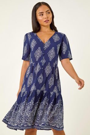 Roman Border Print Tiered Dress