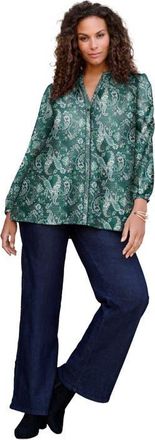 Roaman's Buttoned V-Neck Blouse in Emerald Fine Paisley at Nordstrom, Size 14