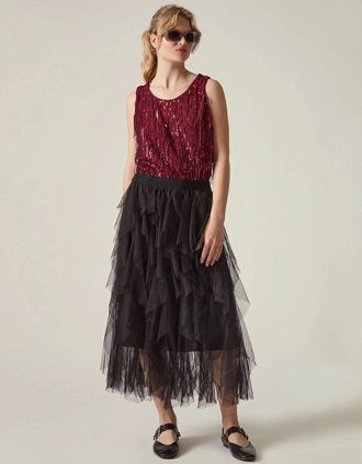 James Lakeland Womens Black Tulle Ruffle Midi Skirt - Size: 20