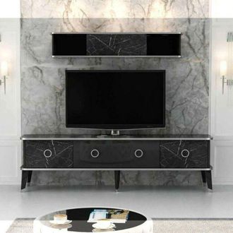 Homemania Homemania - Mueble Tv Con Mueble Alto Bientv 180 Efecto M&aacute;rmol Negro Y Detalles Plata