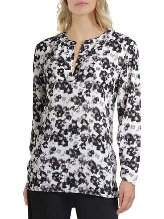 Halston Heritage H by Halston Top Womens White Black Floral Split Neck Blouse Pullover JDM849