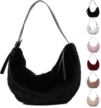 Generic Plush Tote Bag for Women Girl Winter Plush Furry Shoulder Bag Crescent Handbag Autumn Winter Tote Saddle Bags Crossbody Bags for Shopping School Trave