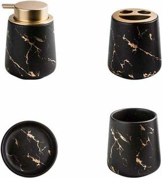 OEM Juego De 4 Accesorios De Ba&ntilde;o De Cer&aacute;mica Marmolada: Dispensador De Jab&oacute;n, Portacepillos, Vaso Y Jabonera, Color Negro Mate