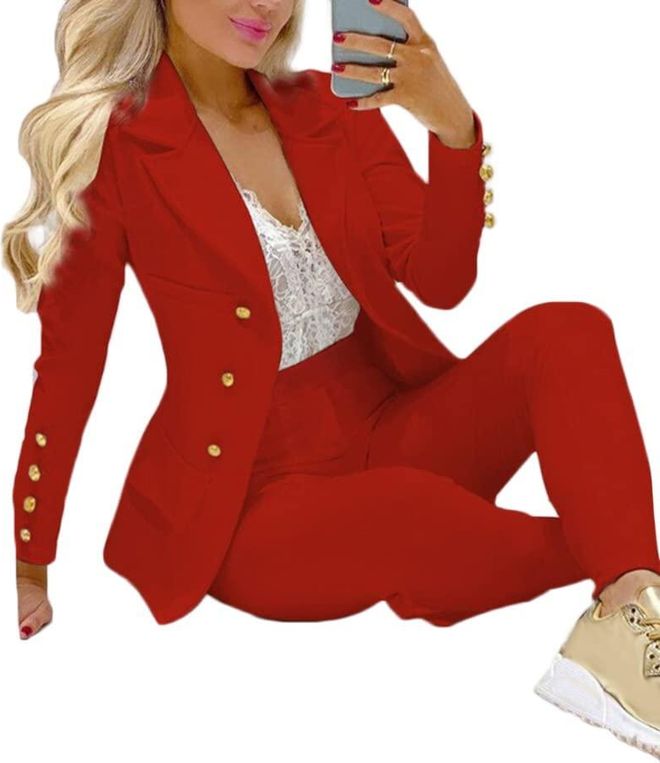 Damen Business Anzug Set 2-teilig - Elegant Karo Blazer & Hose Slim Fit