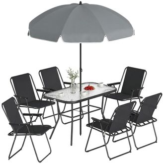 OEM Set Da Giardino 8 Pz Con Ombrellone, 6 Sedie Pieghevoli E Tavolo Da Esterno In Vetro Temperato, Nero