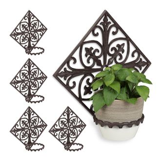 Relaxdays 5 Soportes De Macetas Pared De Estilo Antiguo, Hierro Fundido, Marr&oacute;n Oscuro, &Oslash; 13 Cm