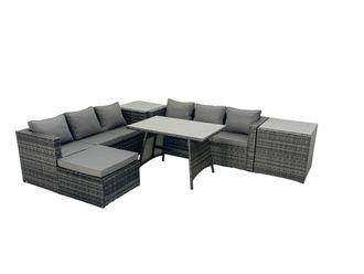 Fimous Rattan Dining Table Sofa Set with 2 Side Tables Big Footstool Outdoor in Dark Grey