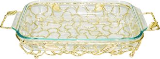 Classic Touch Rectangular Gold Handled Pyrex Holder with Leaf Design